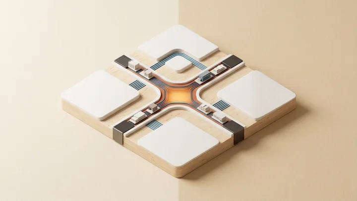 Modello architettonico esecutivo isometrico in legno di betulla chiaro e dettagli scuri che illustra due percorsi operativi convergenti verso un nucleo centrale di flusso ibrido illuminato in tonalità ambra e terracotta.