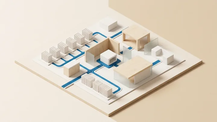 Modello architettonico esecutivo isometrico che illustra l'architettura dei processi e l'orchestrazione di agenti autonomi RAG su fondo caldo.