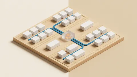 Maquete arquitetônica física minimalista em madeira de bétula com cinco zonas delimitadas por linhas de latão e canais azuis de coordenação, simbolizando a autonomia de lideranças intermediárias