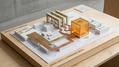 Maquete arquitetônica física isométrica em madeira clara e detalhes em metal escuro, exibindo um léxico de termos homologados, filtros de controle e regras de canais de comunicação convergindo para um núcleo editorial governado.