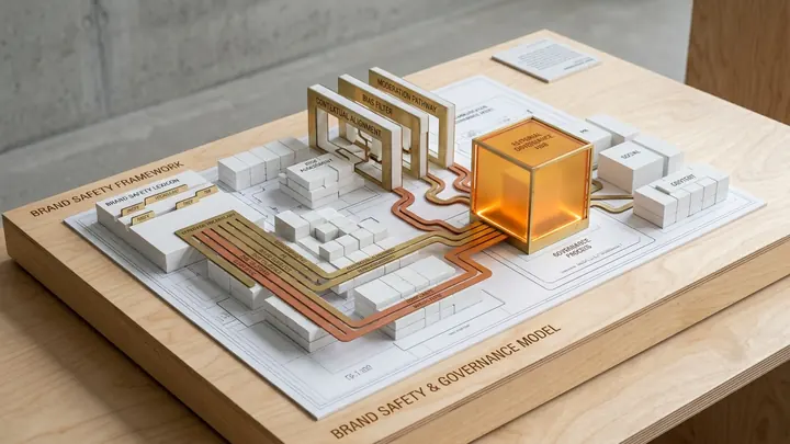 Maquete arquitetônica física isométrica em madeira clara e detalhes em metal escuro, exibindo um léxico de termos homologados, filtros de controle e regras de canais de comunicação convergindo para um núcleo editorial governado.