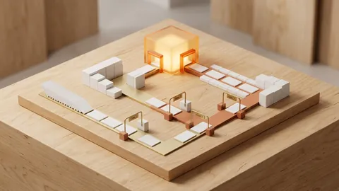 Modello fisico architettonico isometrico in legno di betulla chiaro e metallo scuro, con una linea di lavoro pronta che avanza verso nodi di convalida fino a una sintesi decisionale illuminata.