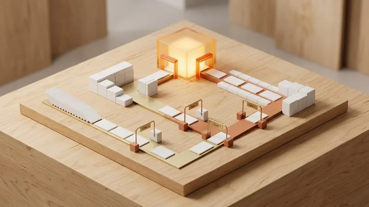 Modello fisico architettonico isometrico in legno di betulla chiaro e metallo scuro, con una linea di lavoro pronta che avanza verso nodi di convalida fino a una sintesi decisionale illuminata.