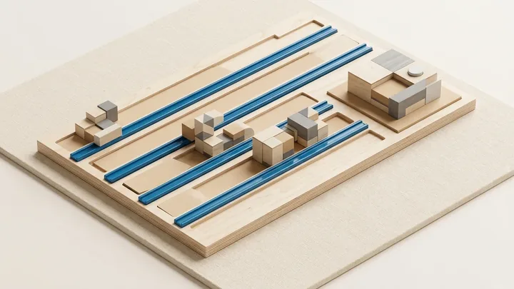 Estação de trabalho arquitetônica em maquete física minimalista sobre linho quente: bandeja em madeira clara com canaletas em cerâmica azul Strategy Blue e blocos geométricos encaixados com precisão até um marco final de validação.