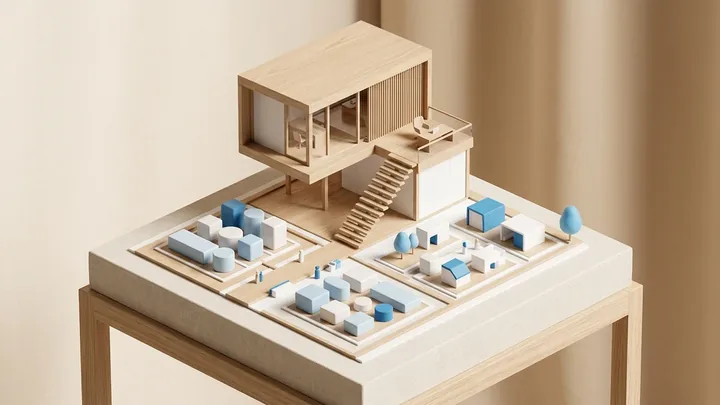 Maquete executiva em dois níveis em madeira clara e cerâmica branca representando a autonomia operacional: observatório panorâmico superior conectado por escada suave a um pátio operacional inferior autônomo com fluxo contínuo e ordenado.
