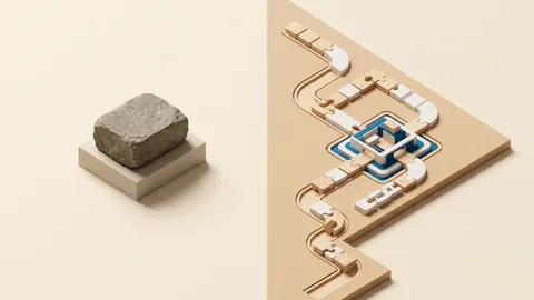 Maquete arquitetônica executiva em diorama comparativo sobre linho quente: à esquerda, um monólito maciço de pedra inerte representando relatórios estáticos de consultoria; à direita, esteiras modulares de madeira clara e cerâmica branca fluindo por canai