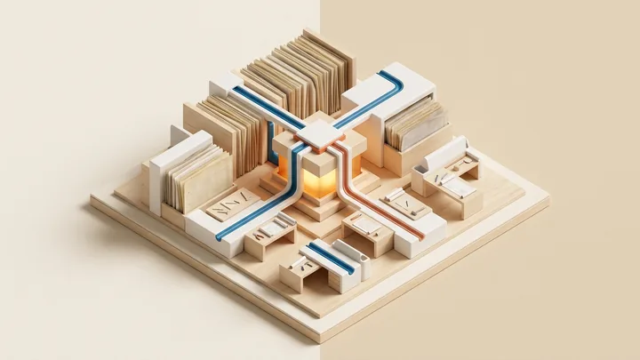 Modello architettonico esecutivo isometrico in legno di betulla chiaro e dettagli scuri che illustra l'archivio tecnico e la documentazione dei processi connessi a un nucleo centrale luminoso.