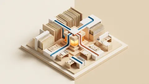 Maquete arquitetônica física isométrica em madeira clara e detalhes em metal escuro, exibindo gavetas de acervos técnicos e fichas de processos desdobradas conectando mesas de trabalho a um núcleo central iluminado.