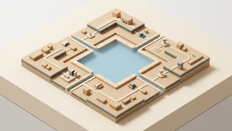 Maquete arquitetônica executiva em diorama isométrico com materiais táteis sobre fundo linho claro: reservatório central geométrico em vidro fosco azul claro emoldurado em madeira clara, recebendo canais de governança que convergem fluxos de dados limpos 