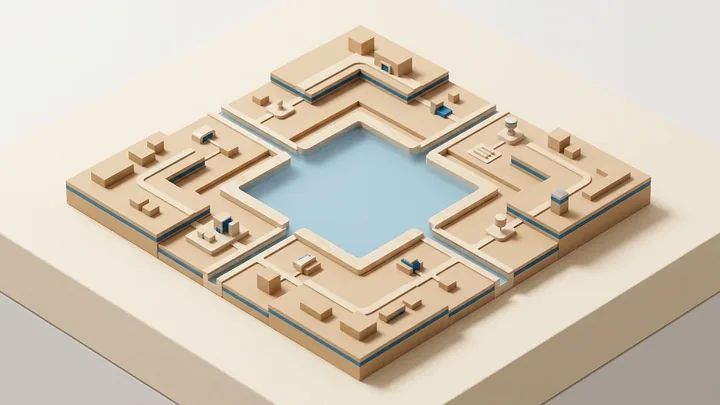 Maquete arquitetônica executiva em diorama isométrico com materiais táteis sobre fundo linho claro: reservatório central geométrico em vidro fosco azul claro emoldurado em madeira clara, recebendo canais de governança que convergem fluxos de dados limpos 