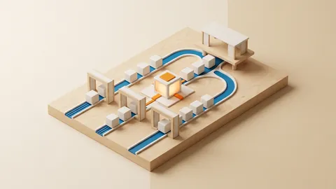 Maquete arquitetônica física minimalista em madeira clara e cerâmica branca com canais azuis de governança, representando a descentralização de operações complexas