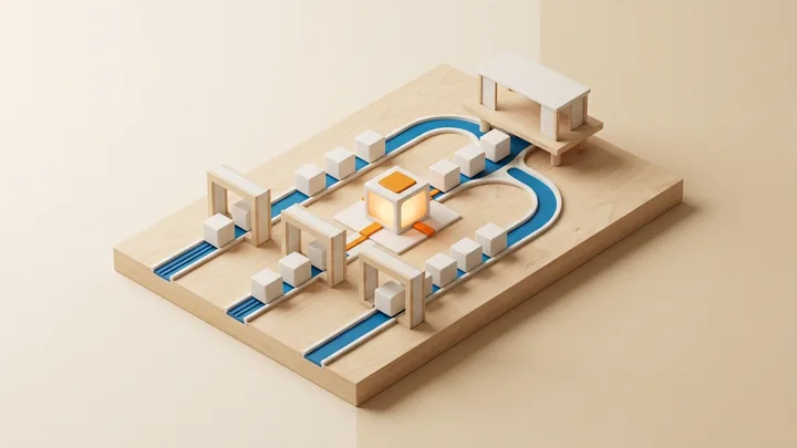 Maquete arquitetônica física minimalista em madeira clara e cerâmica branca com canais azuis de governança, representando a descentralização de operações complexas