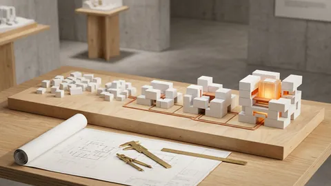 Modello fisico architettonico isometrico in legno di betulla chiaro e metallo scuro, con una tavola di progetto aperta e blocchi modulari disposti in progressione ordinata attorno a un nucleo illuminato in ambra calda.