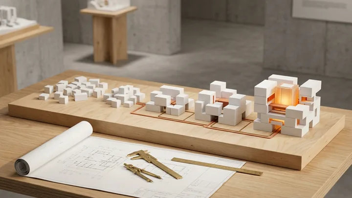 Maquete arquitetônica física isométrica em madeira clara, com uma planta de obra aberta sobre a base e blocos modulares ainda por montar ao redor de um núcleo âmbar iluminado, simbolizando o diagnóstico que antecede a construção.