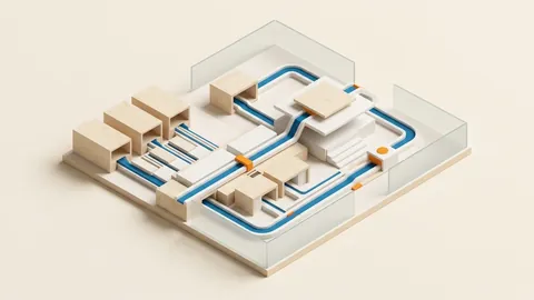 Modello architettonico isometrico su fondo caldo che illustra la standardizzazione dei flussi documentali e l'architettura dei processi per lo studio contabile.