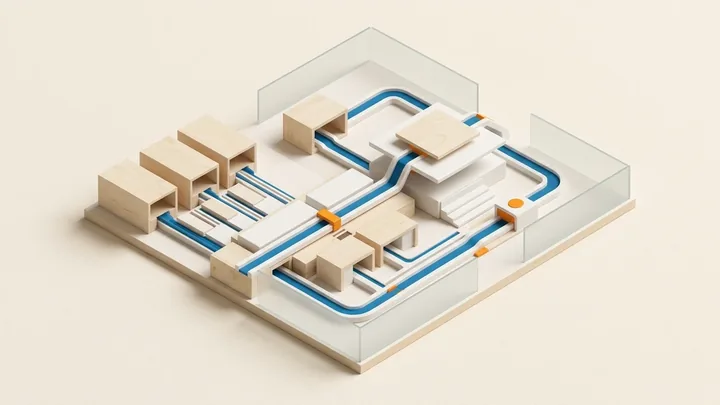 Modello architettonico isometrico su fondo caldo che illustra la standardizzazione dei flussi documentali e l'architettura dei processi per lo studio contabile.