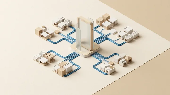 Modello architettonico esecutivo isometrico che illustra l'architettura di contatto unificata: un'app mobile connessa a un database centrale e a flussi di notifica intelligenti su fondo caldo.