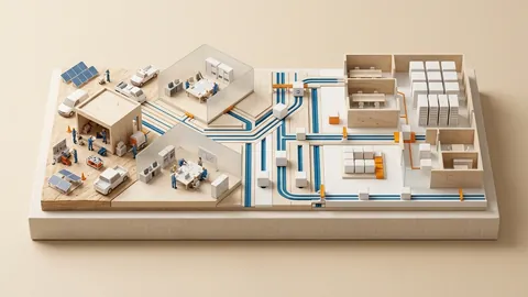 Modello architettonico isometrico che illustra la gestione operativa dei team sul campo e l'integrazione asincrona dei flussi di dati verso la sede aziendale.