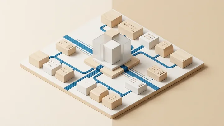 Modello architettonico esecutivo isometrico che illustra la governance dei dati per l'intelligenza artificiale con moduli sicuri e canali integrati su fondo caldo.