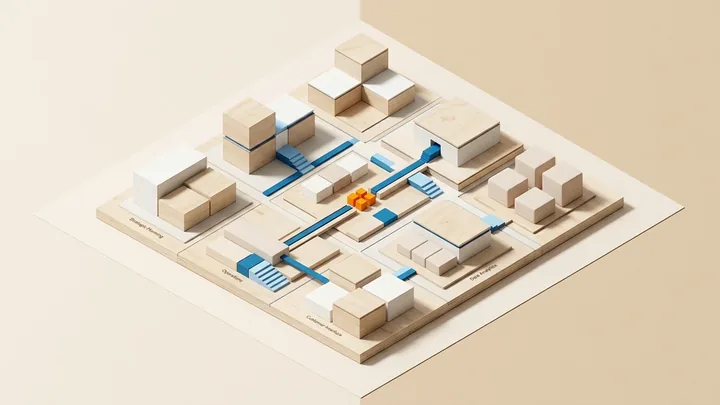 Maquete arquitetônica modular em madeira clara e blocos brancos, representando a planta de processos de uma empresa integrada, com áreas de planejamento, operações, atendimento e dados conectadas por fluxos contínuos convergindo ao núcleo central.