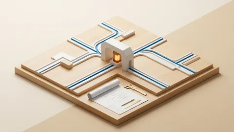 Maquete arquitetônica física minimalista em madeira de bétula e cerâmica branca com canais convergentes azuis, simbolizando o mapeamento de processos e gargalos