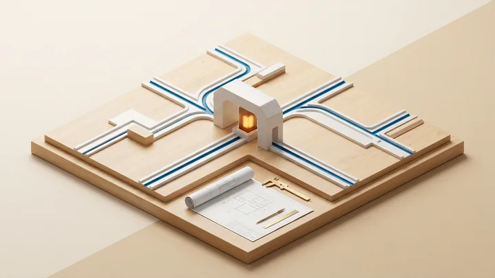 Maquete arquitetônica física minimalista em madeira de bétula e cerâmica branca com canais convergentes azuis, simbolizando o mapeamento de processos e gargalos