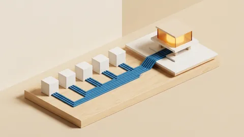 Maquete arquitetônica física minimalista em madeira de bétula com cinco módulos em cerâmica branca conduzindo a um pavilhão executivo âmbar, simbolizando a padronização de serviços complexos