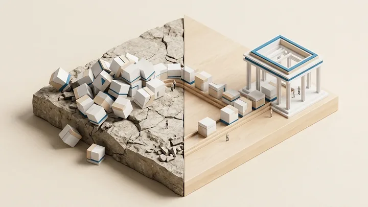 Maquete arquitetônica comparativa em estilo diorama sobre base de linho quente, contrastando blocos modulares instáveis sobre terreno rochoso irregular com blocos idênticos deslizando com alinhamento e fluidez por trilhos de bétula clara até um pavilhão e