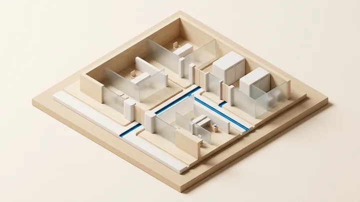 Modello architettonico esecutivo isometrico che illustra la segregazione dei dati particolari e la crittografia end-to-end con partizioni sicure su fondo caldo.