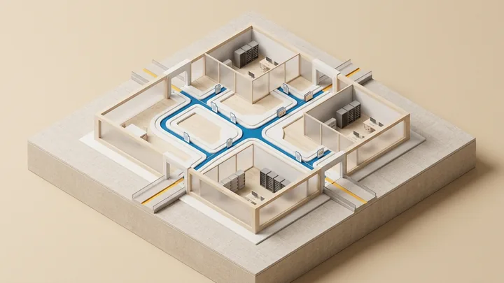 Modello fisico architettonico isometrico in legno di betulla chiaro e metallo scuro, con una linea di dati protetta da moduli traslucidi e blocchi di sicurezza architettonici.