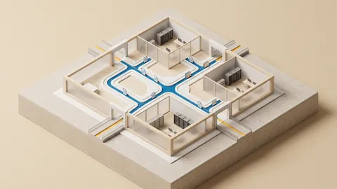 Maquete arquitetônica física isométrica em madeira de bétula clara e metal escuro, exibindo uma esteira de dados corporativos protegida por módulos translúcidos e travas de segurança arquitetônicas.